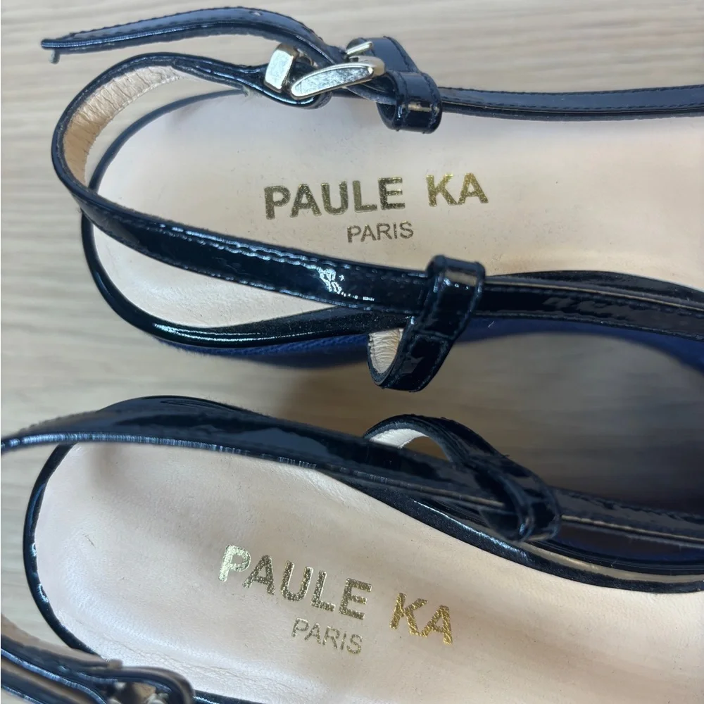 Paule Ka Women's Blue Denim Look and White With Black‎ Straps Wedge Sandals